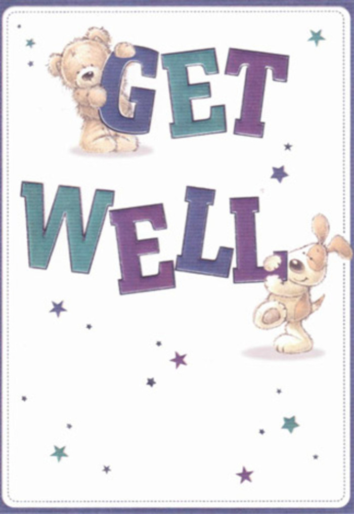A cheerful tribute to recovery and friendship, this card is illustrated with the kind of heartfelt artistry found at small studios around Tunbridge Wells. Two endearing figures-a smiling teddy bear plush with light chestnut fur and a bouncy puppy with soft, floppy ears-team up to hold and present the exuberant 'Get Well' lettering. Bold words in purple and aqua stand confident against a clean ivory backdrop, grounded in reassurance and spirited optimism. Stars, rendered in whimsical hues of blue and lavender, animate the space, reminiscent of flowers scattered along Calverley Grounds after a sunny market day. The textured fur invites the mind's eye to imagine touch; each brushstroke is filled with the same intention as hand-tying an arrangement meant for a neighbour on Camden Road. The entire composition glows with a gentle energy, its airy mood and palette carefully chosen to lift spirits. This card, like a thoughtfully arranged bouquet, is designed to offer warmth, care, and hope-an artistic reminder of the restorative power found in small, sincere gestures throughout Tunbridge Wells.