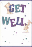 Playful and uplifting, this get well card bursts with the same warmth and cheer that greet visitors to Tunbridge Wells' bustling markets. At its heart, a cuddly bear with honeyed fur balances atop a bold, indigo 'GET,' his wide eyes radiating compassion. Beside him, a floppy-eared puppy in gold and cream hugs the lower 'WELL,' both animals rendered with such expressive charm that their tactile softness is almost palpable. Surrounding them, stars in dazzling blues, purples, and teals appear to dance across a subtle cream backdrop, evoking the spread of hope that comes with cheerful bouquets arriving at doorsteps along Mount Pleasant Road. The bold letters' vibrant pop and the animals' affectionate closeness transform a simple message into a heartfelt wish for comfort and wellness. The visual effect is like a bouquet left at a loved one's bedside-gentle, sincere, and brightening every moment. This is the ideal card to send genuine encouragement, a visual balm inspired by the kindness found at the heart of Tunbridge Wells.